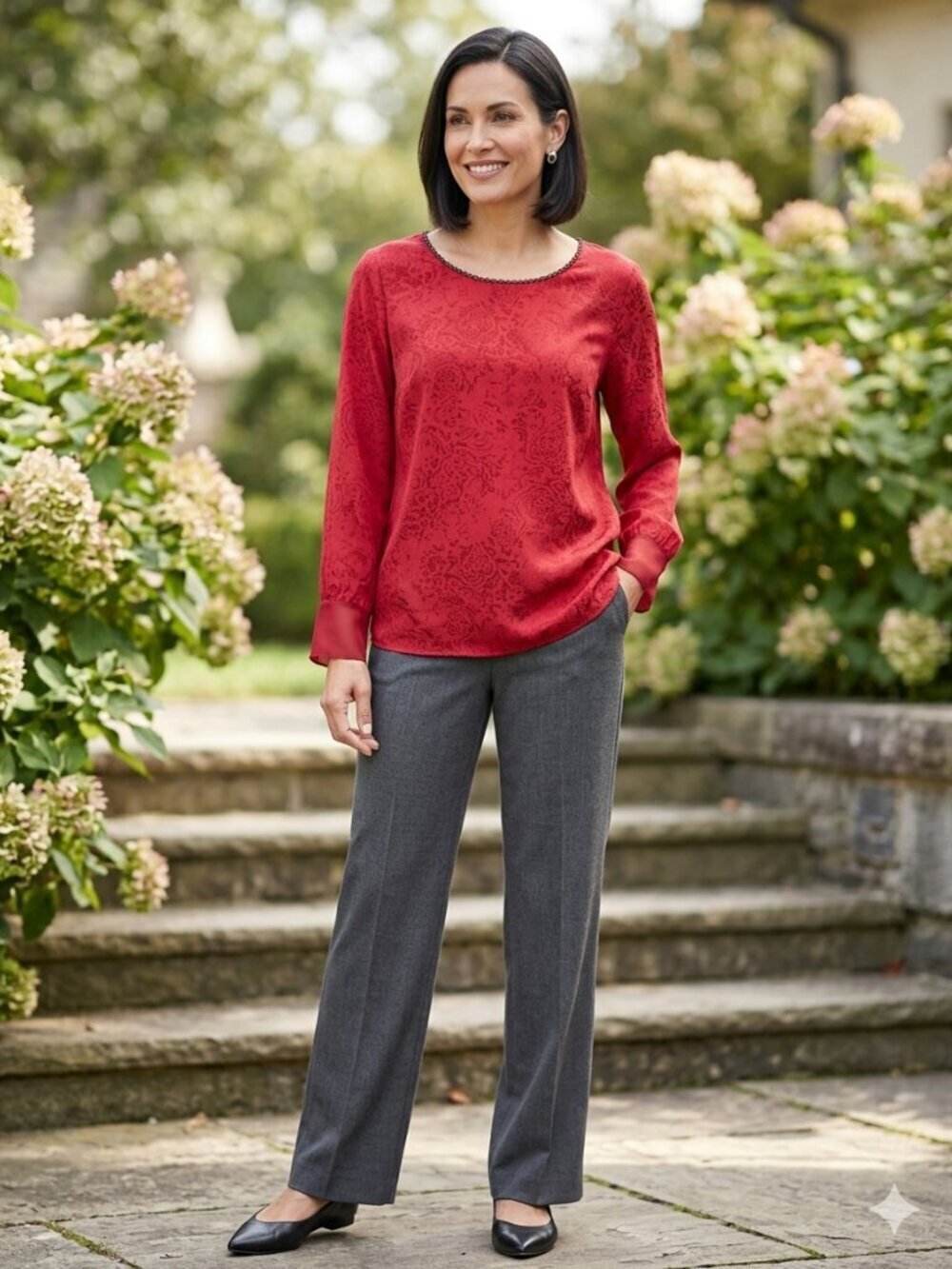 Tahari Women's Size 2 Red Paisley Long Sleeve Round Neck Beaded Trim Silk Blouse